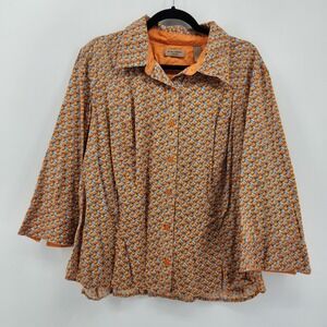 I.E. Relaxed Woman Butterfly Print‎ Orange Button Up Shirt Blouse Top 3X
